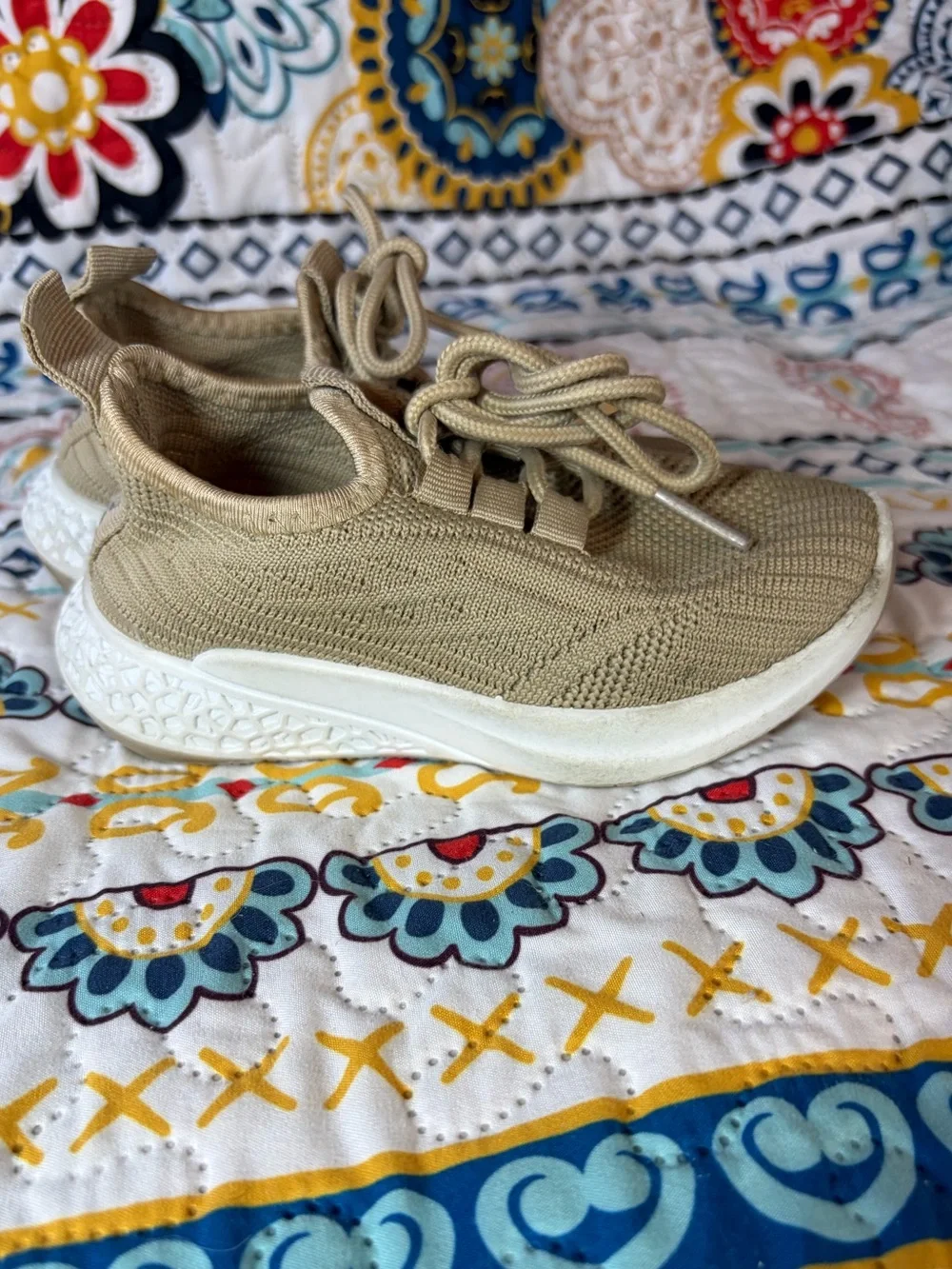 Red Kids Tan Knit Slip-On Sneakers with White Sole